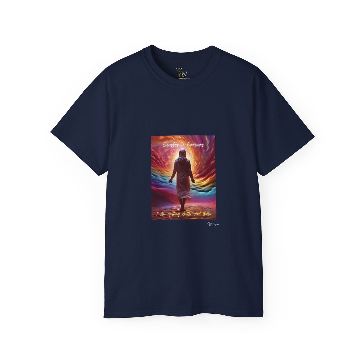 Navy unisex t-shirt with a person in white attire on cloudy rainbow with positive quote Everyday In Every Way I Am Getting better And Better, Peaceful Rainbow 3 by Youniqverse