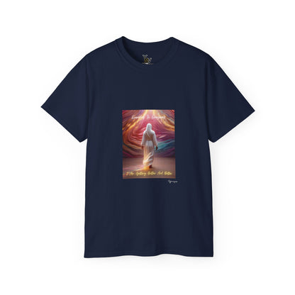 Navy unisex t-shirt with a person in white attire in rainbow aura with positive quote Everyday In Every Way I Am Getting better And Better, Peaceful Rainbow by Youniqverse