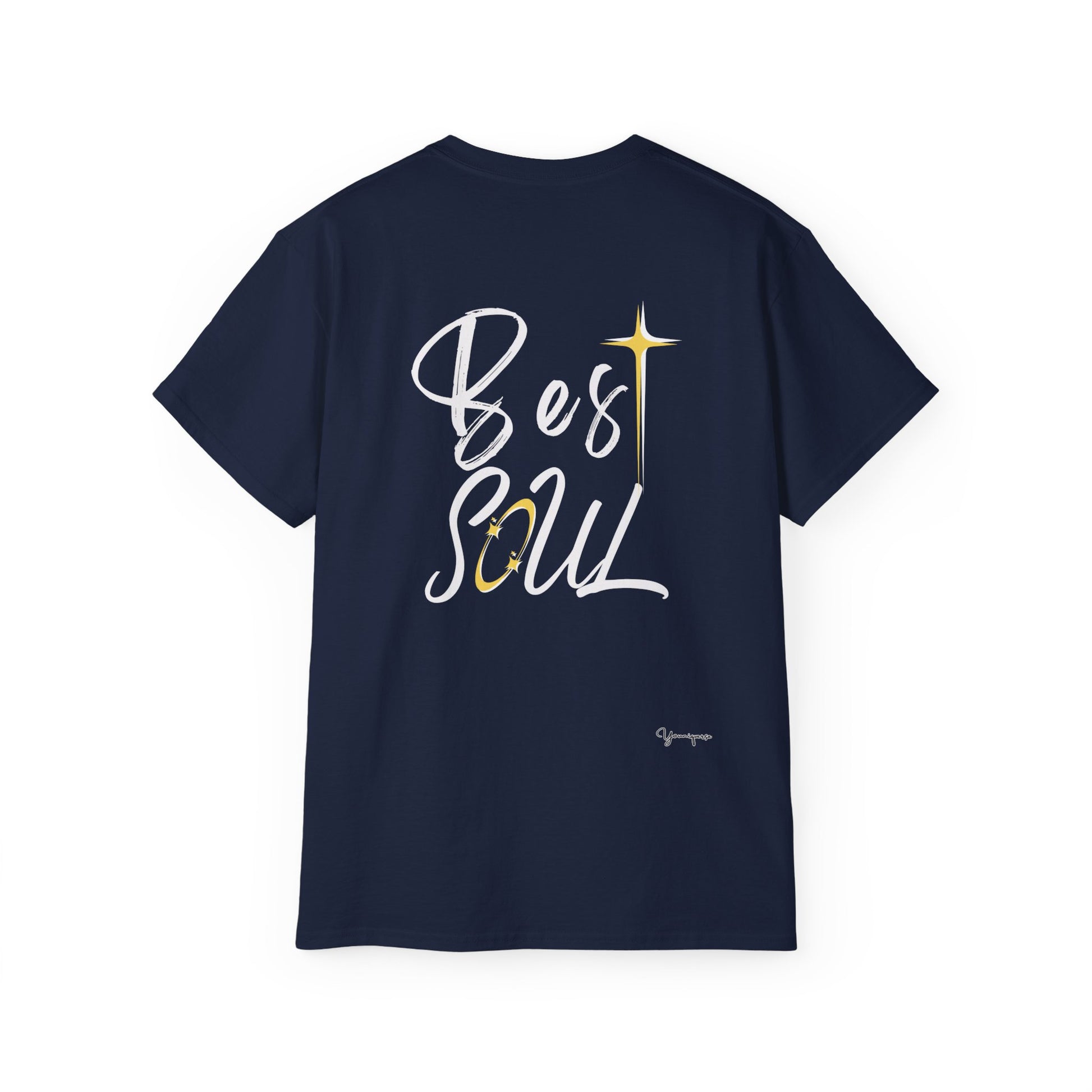 Navy unisex cotton t-shirt with positive sparkling Best Soul on front and back by Youniqverse