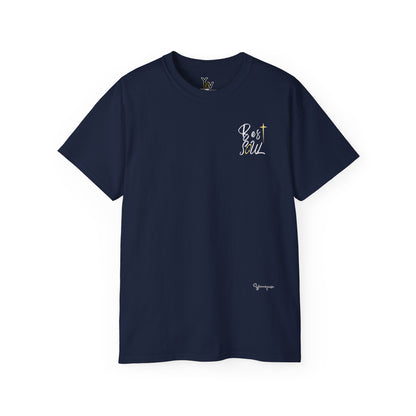 Navy unisex cotton t-shirt with positive sparkling Best Soul on front and back by Youniqverse