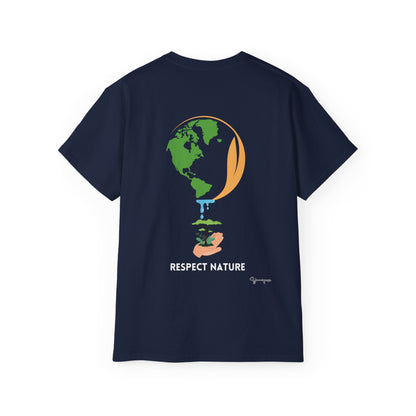 Navy unisex t-shirt with hand holding earth watering a tree Respect Nature on front and back by Youniqverse