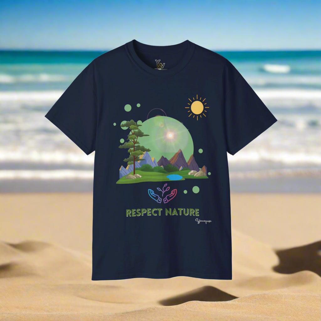 Navy unisex t-shirt with a hands embracing glowing nature under the sun Respect Nature at beach by Youniqverse