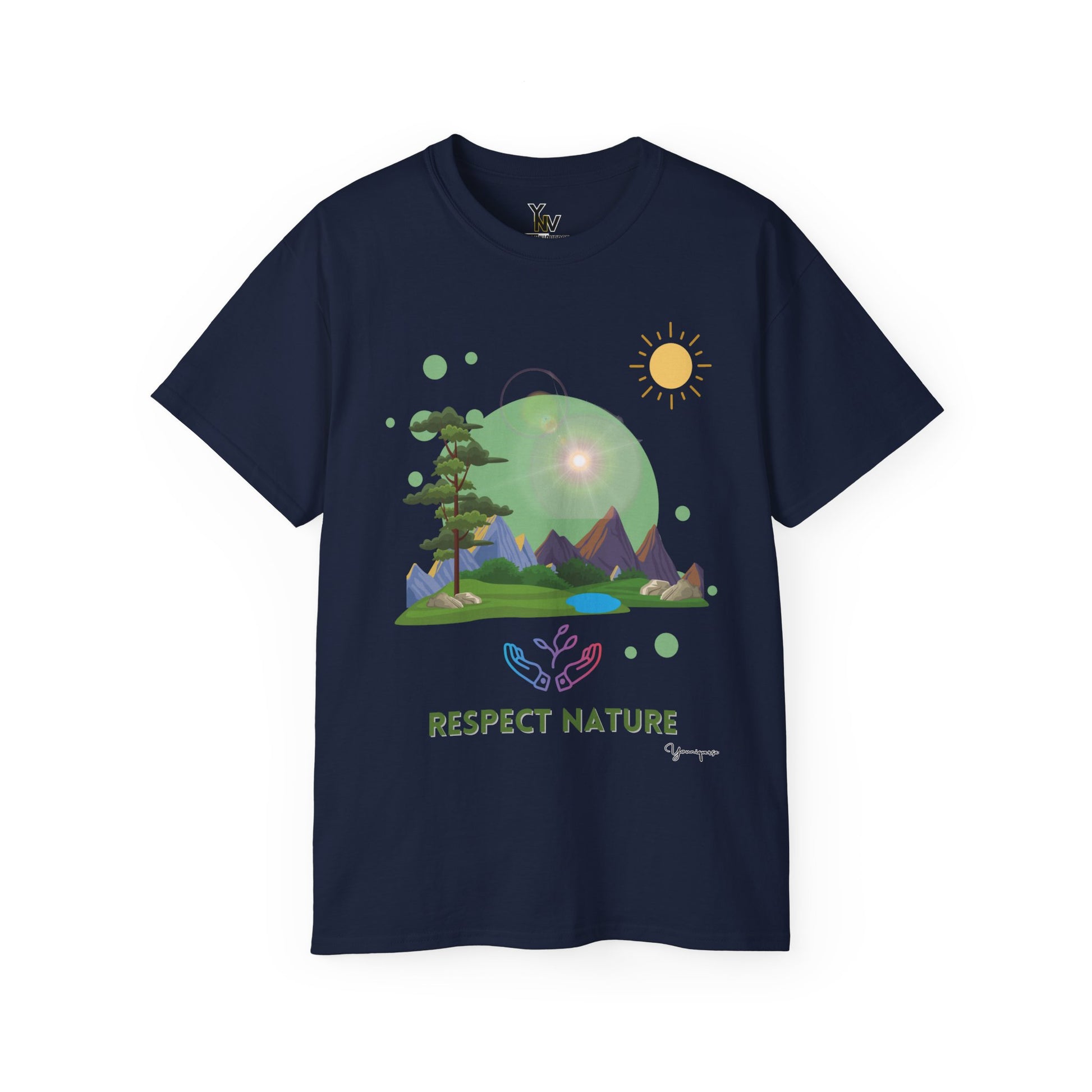 Navy unisex t-shirt with a hands embracing glowing nature under the sun Respect Nature by Youniqverse