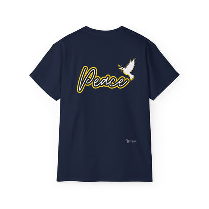 Navy unisex eco-friendly cotton t-shirt with a graphic of white pigeon, shining Peace on front and back by Youniqverse