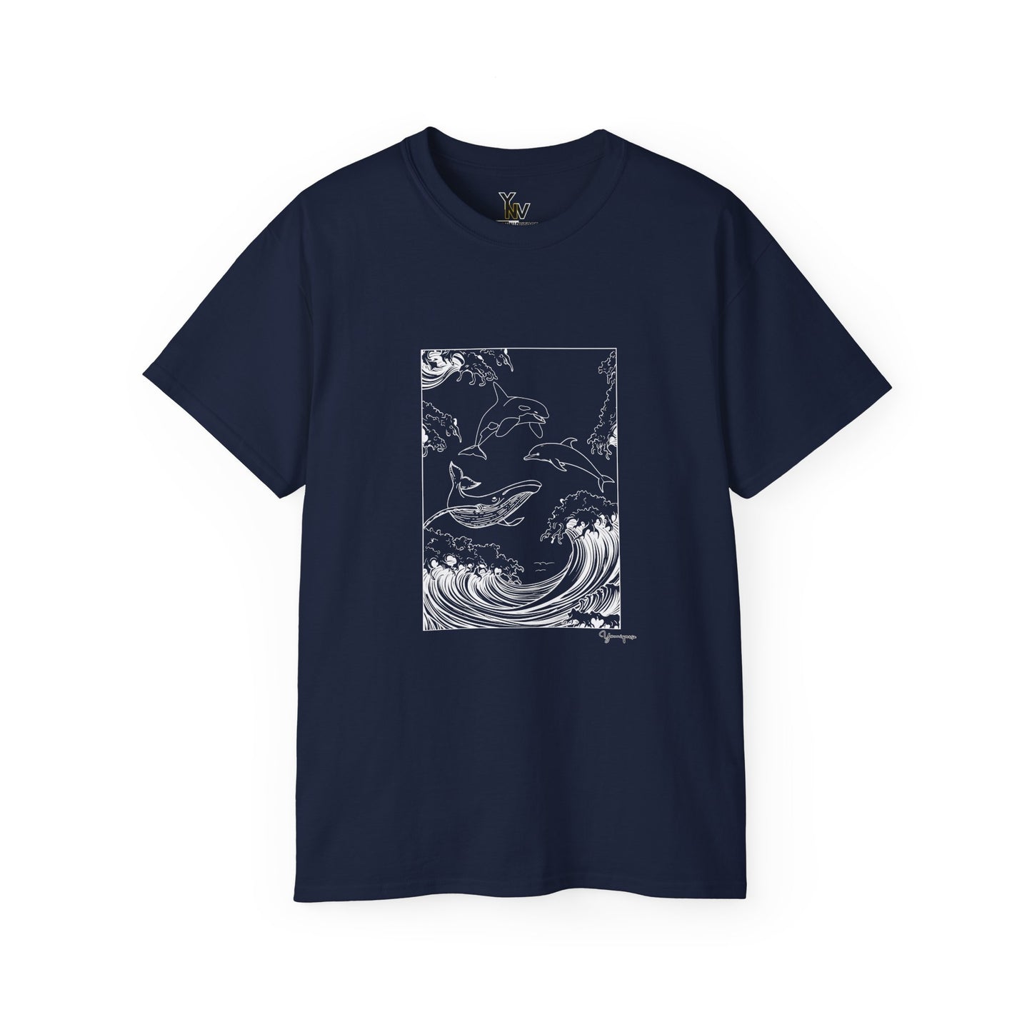 Navy unisex t-shirt with a graphic of a whale, orca, and dolphin leaping from the sea, Ocean Wildlife - Whale Orca Dolphin Tee by Youniqverse