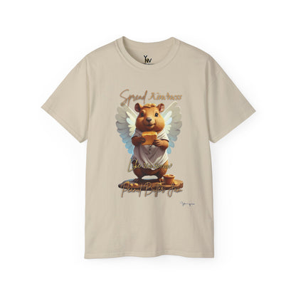 Sand unisex t-shirt with a cute smiling capybara with angel wings holding a block of peanut butter, Spread Kindness Like You Spread Peanut Butter Jam 3 by Youniqverse