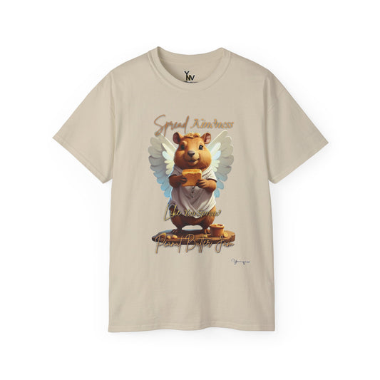 Sand unisex t-shirt with a cute smiling capybara with angel wings holding a block of peanut butter, Spread Kindness Like You Spread Peanut Butter Jam 3 by Youniqverse