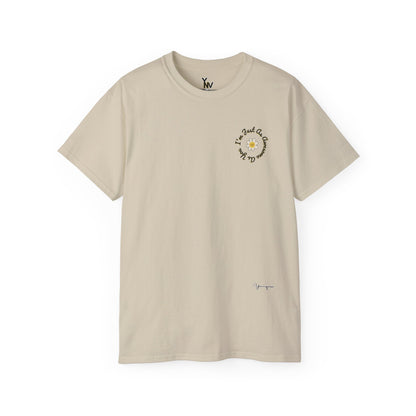 Sand unisex t-shirt with a uplifting graphic of a smiling white flower I'm Just As Awesome As You on front and back by Youniqverse