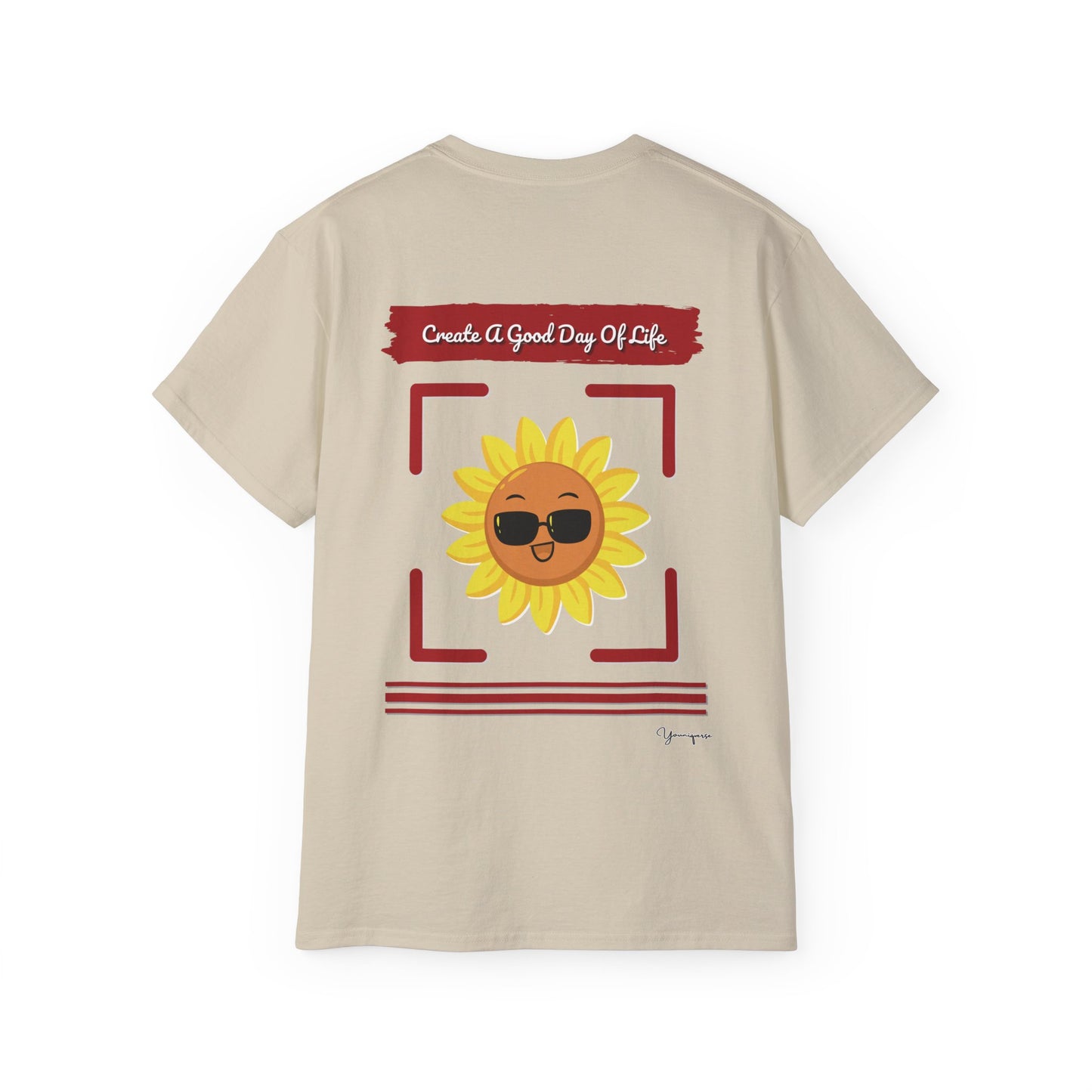 Sand unisex t-shirt with a smiling sun in sunglasses Create a Good Day Of Life on front and back by Youniqverse