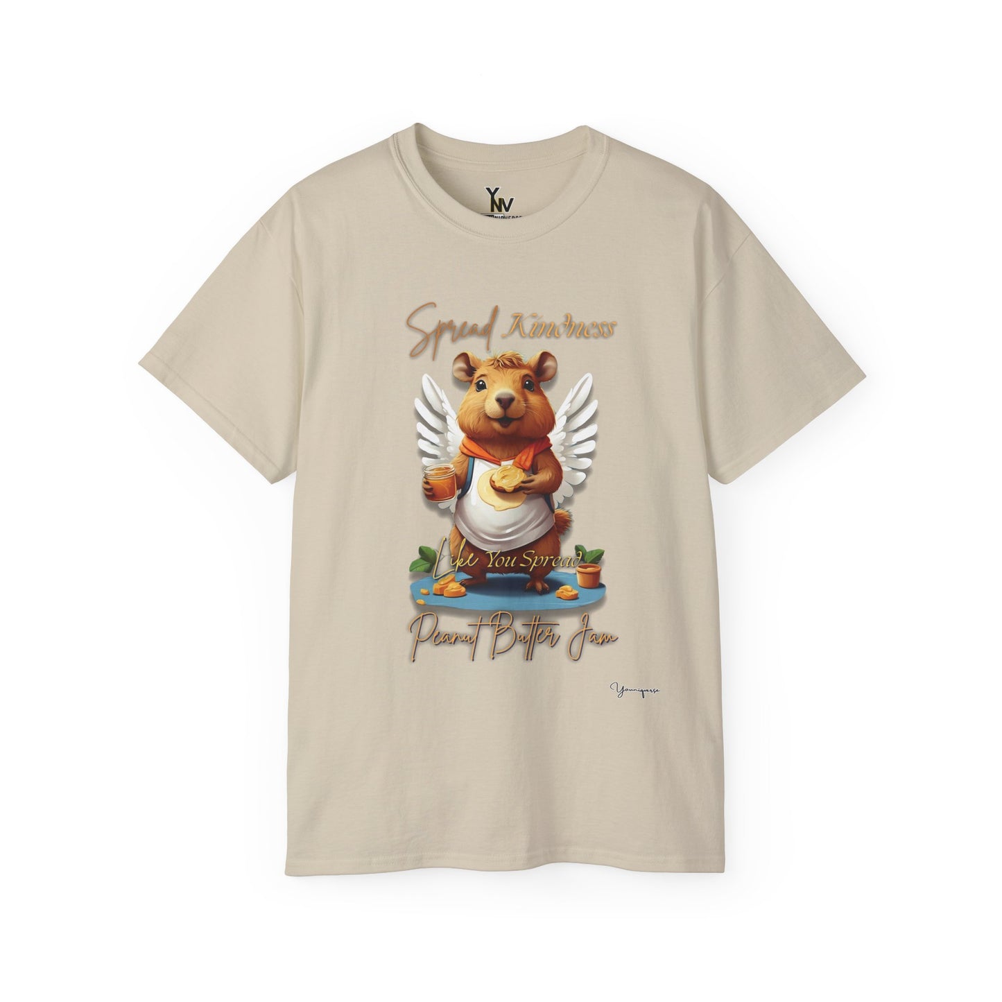 Sand unisex t-shirt with a cute smiling capybara with angel wings holding a peanut butter jam and toast, Spread Kindness Like You Spread Peanut Butter Jam 2 by Youniqverse