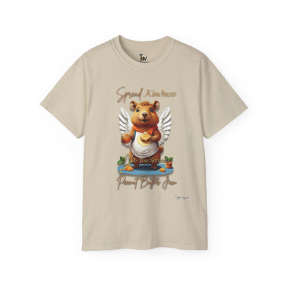 Sand unisex t-shirt with a cute smiling capybara with angel wings holding a peanut butter jam and toast, Spread Kindness Like You Spread Peanut Butter Jam 2 by Youniqverse