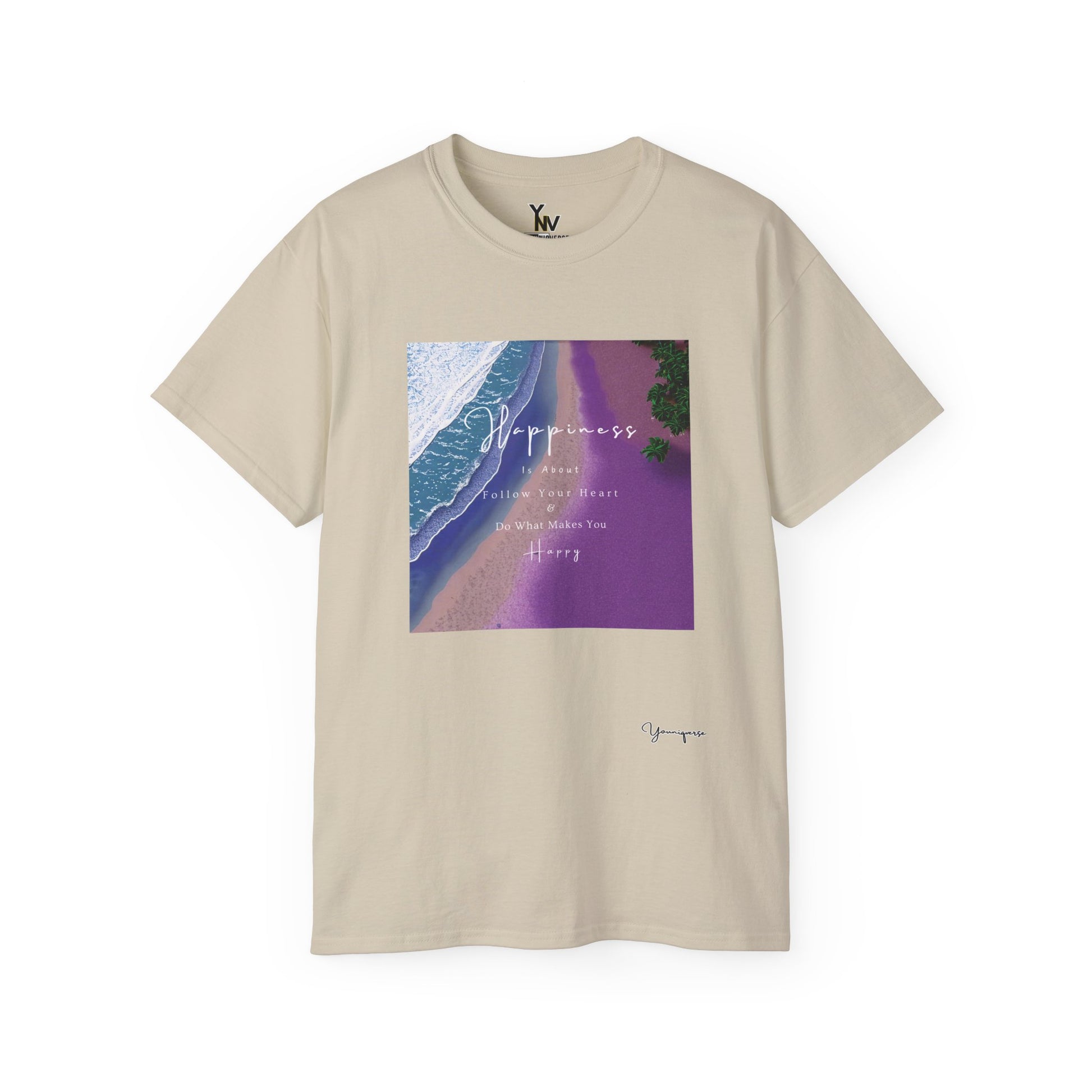 Sand unisex t-shirt with purple beach graphic Happiness Is About Follow Your Heart and Do What Makes You Happy by Youniqverse