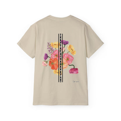 Sand unisex cotton t-shirt with yellow pink purple florals graphic Just Be An Awesome You on front and back by Youniqverse