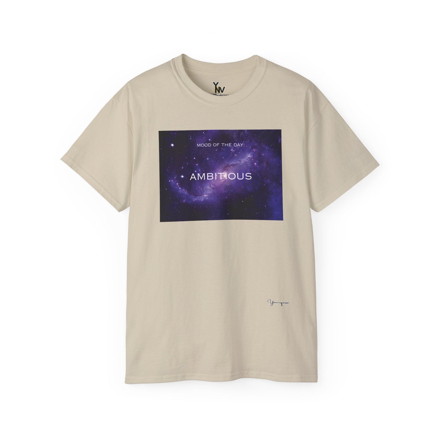 Sand unisex t-shirt with a purple universe milky way galaxy motivational Mood Of The Day Ambitious by Youniqverse