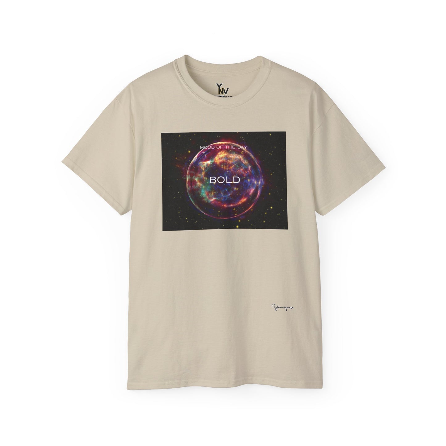 Sand unisex t-shirt with a red sphere-shaped cosmos graphic motivational Mood Of The Day Bold by Youniqverse