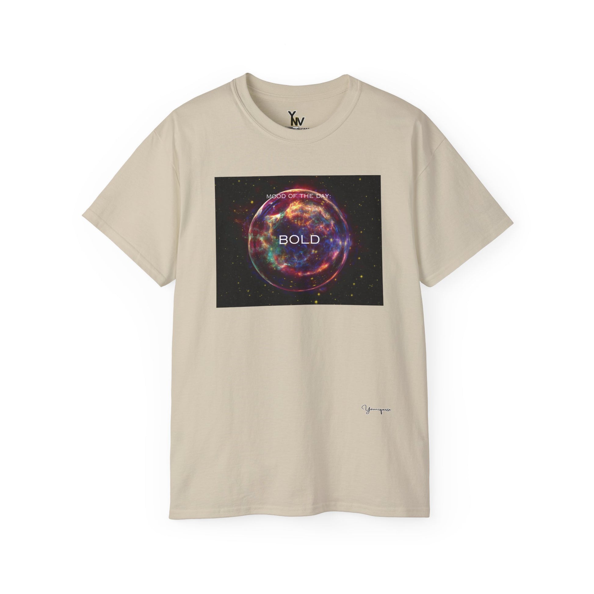 Sand unisex t-shirt with a red sphere-shaped cosmos graphic motivational Mood Of The Day Bold by Youniqverse