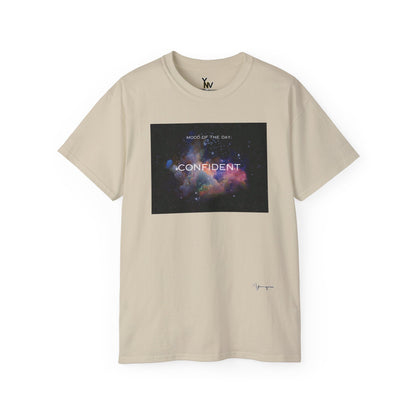 Sand unisex t-shirt with a rainbow universe graphic motivational Mood Of The Day Confident by Youniqverse