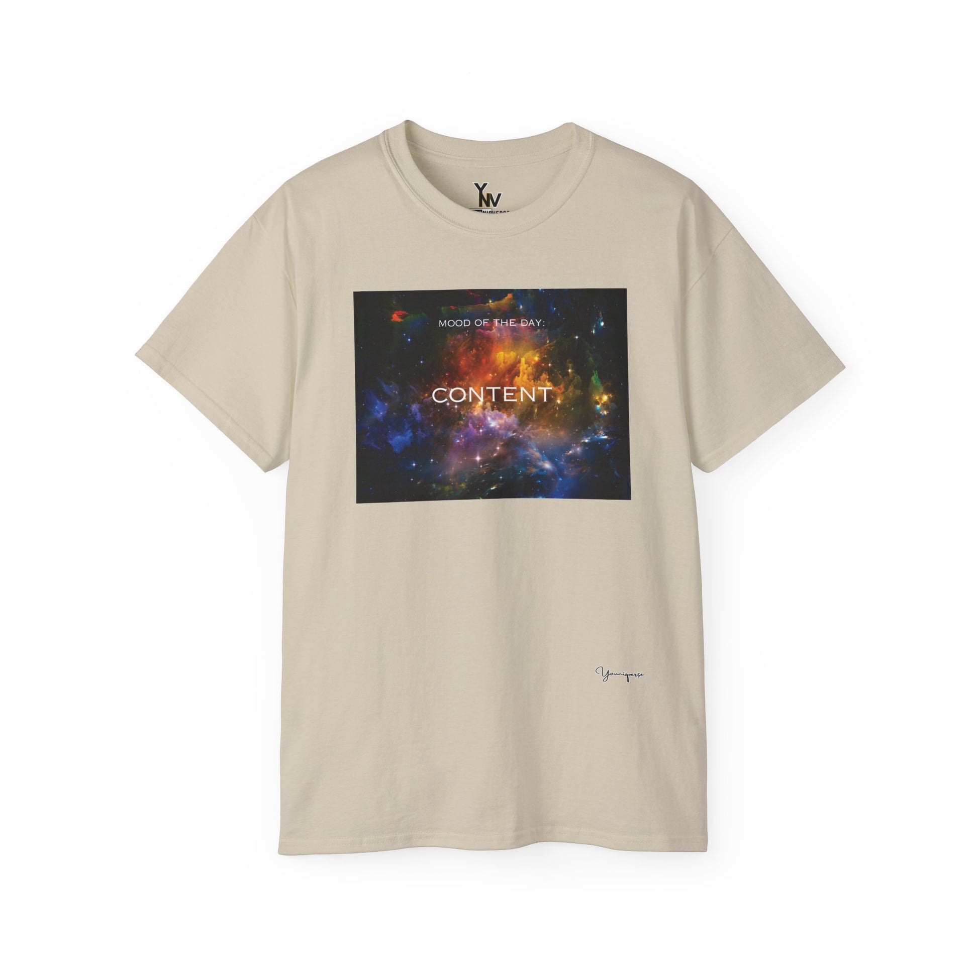 Sand unisex t-shirt with a rainbow universe galaxy graphic motivational Mood Of The Day Content by Youniqverse