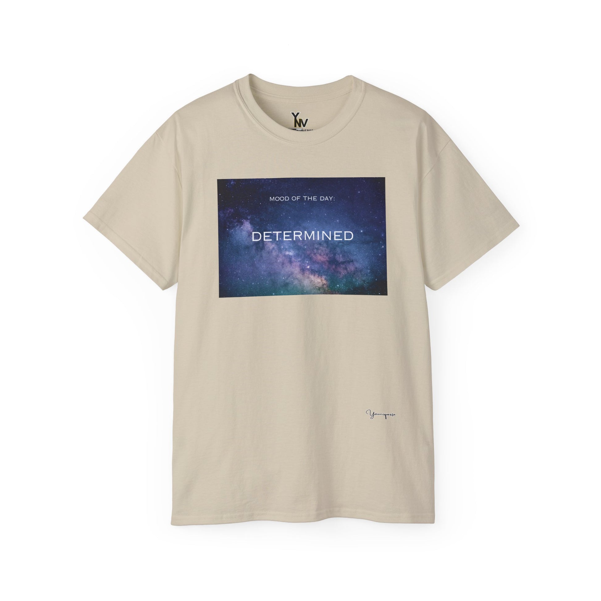 Sand unisex t-shirt with a blue universe graphic motivational Mood Of The Day Determined by Youniqverse