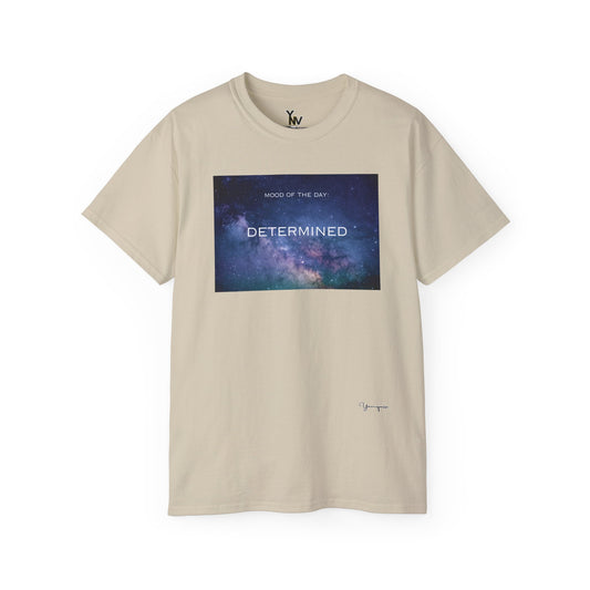 Sand unisex t-shirt with a blue universe graphic motivational Mood Of The Day Determined by Youniqverse