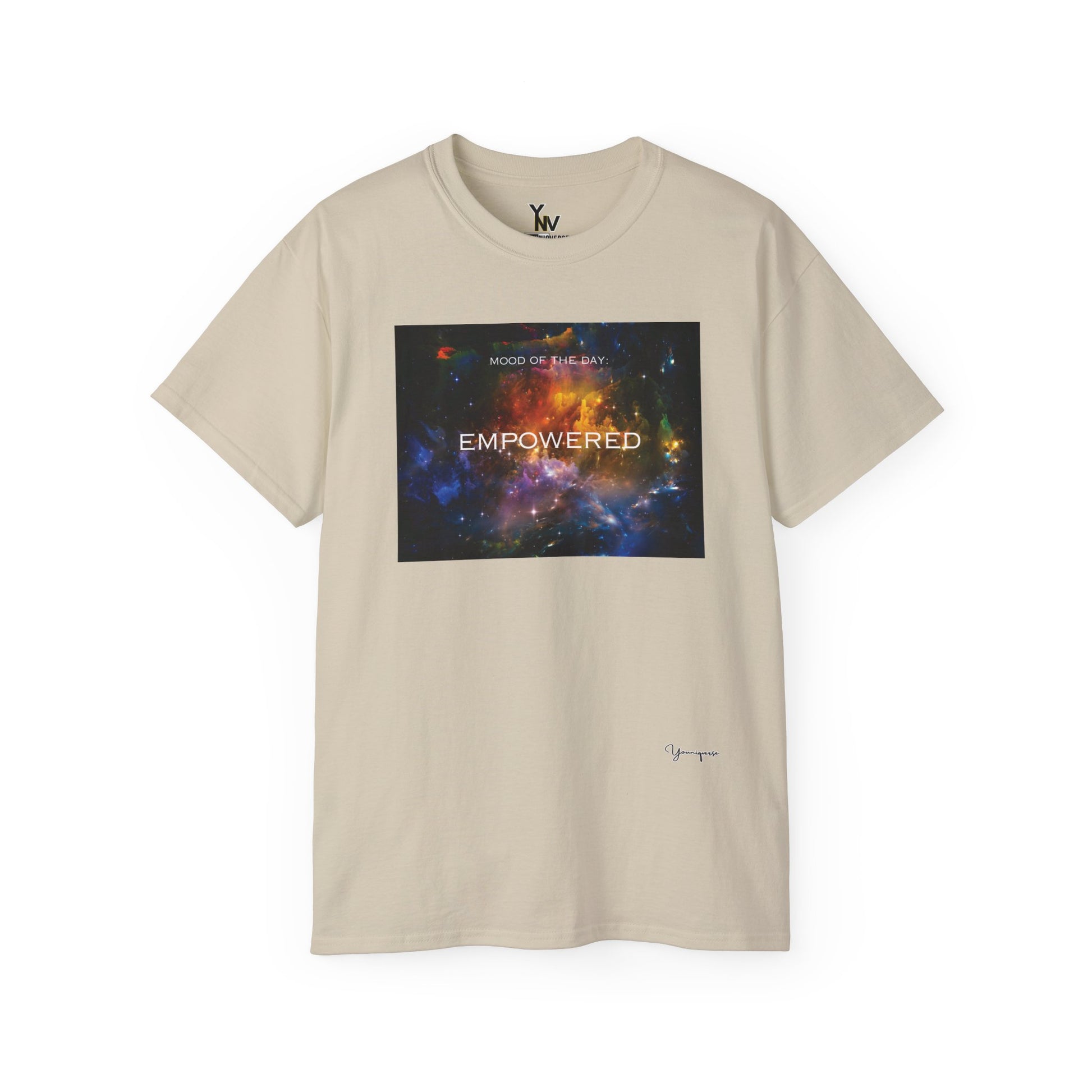 Sand unisex t-shirt with a rainbow universe galaxy graphic motivational Mood Of The Day Empowered by Youniqverse