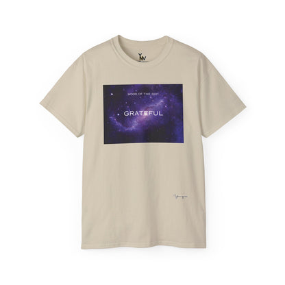 Sand unisex t-shirt with a purple universe milk way galaxy motivational Mood Of The Day Satisfied by Youniqverse