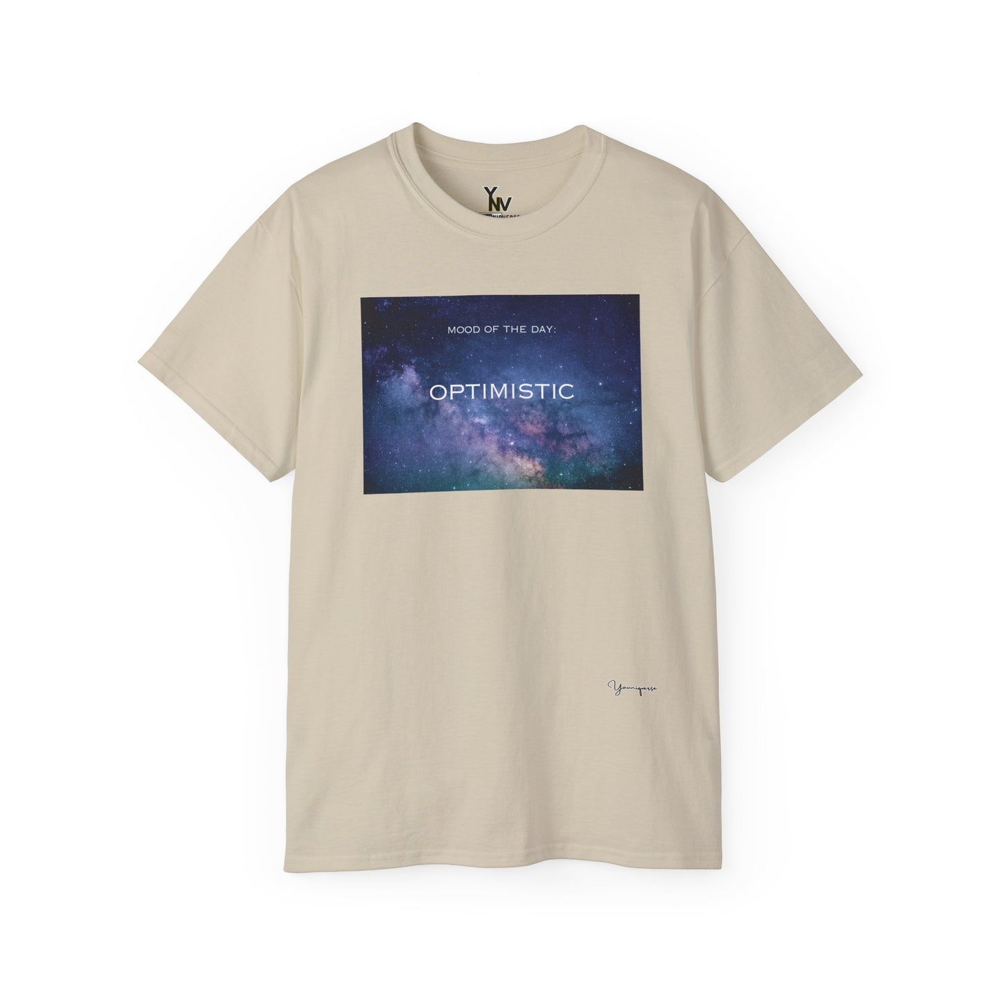 Sand unisex t-shirt with a blue universe galaxy graphic motivational Mood Of The Day Optimistic by Youniqverse