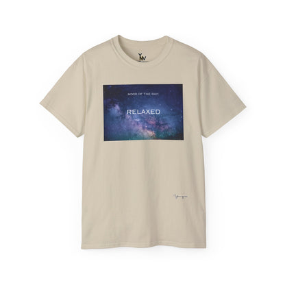 Sand unisex t-shirt with a blue galaxy universe graphic motivational Mood Of The Day Relaxed by Youniqverse