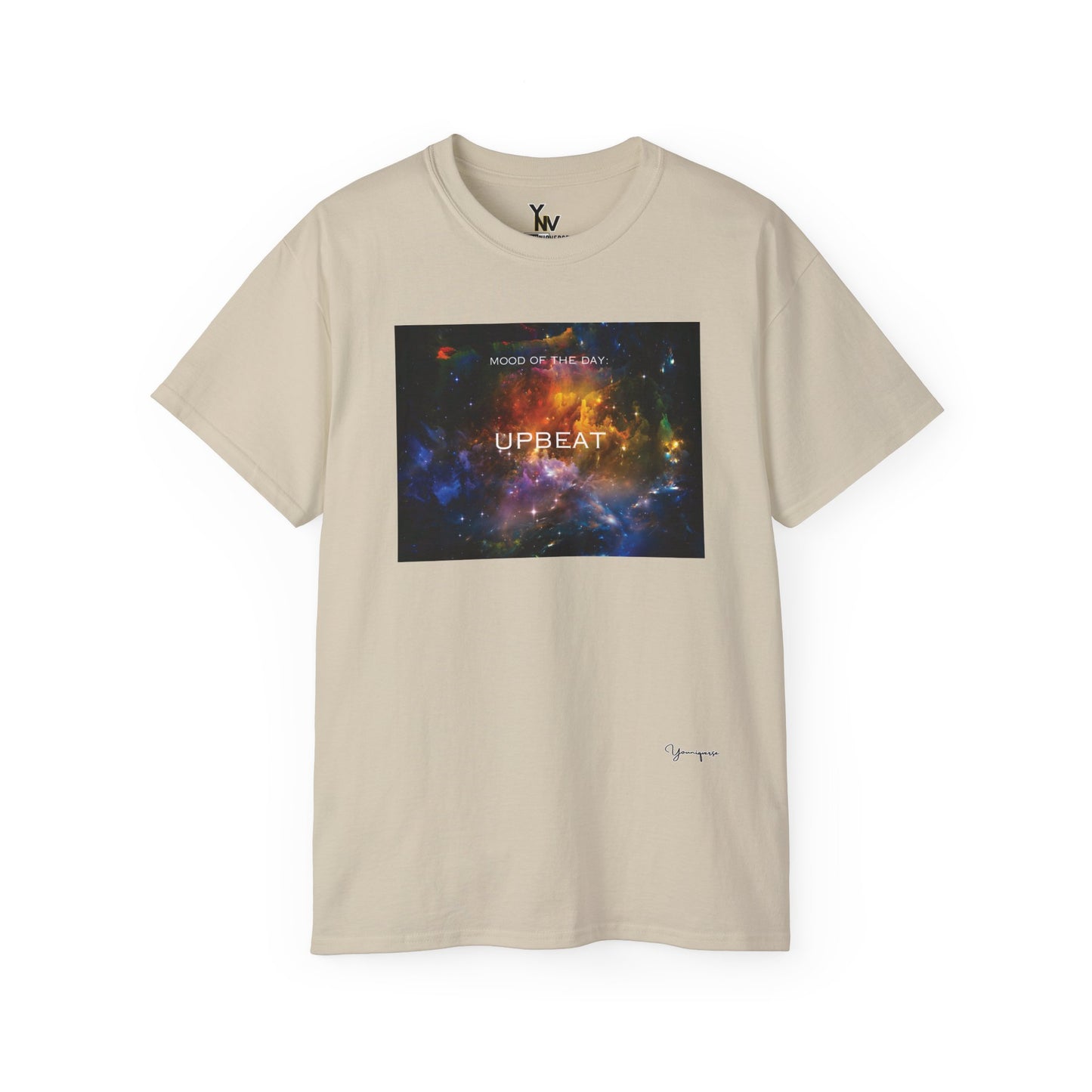 Sand unisex t-shirt with a rainbow universe galaxy graphic motivational Mood Of The Day Upbeat by Youniqverse