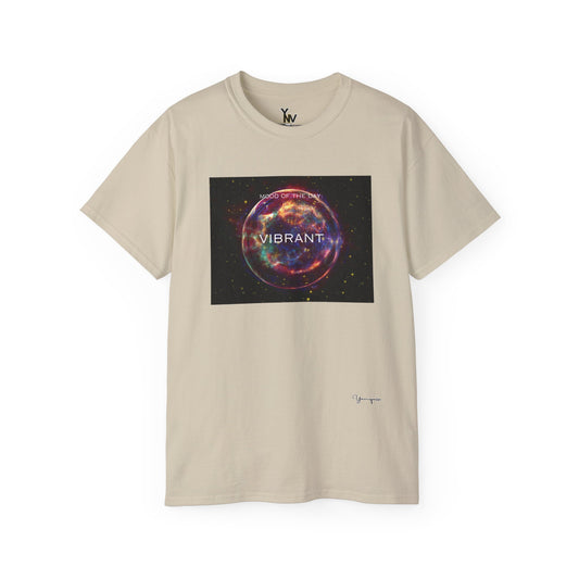 Sand unisex t-shirt with a red sphere-shaped cosmos graphic motivational Mood Of The Day Vibrant by Youniqverse