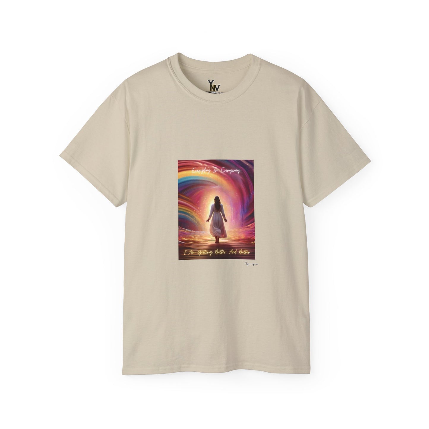 Sand unisex t-shirt with a lady in white dress in rainbow aura with positive quote Everyday In Every Way I Am Getting better And Better, Peaceful Rainbow 2 by Youniqverse