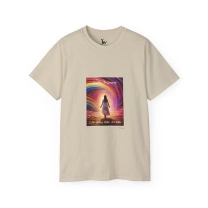 Sand unisex t-shirt with a lady in white dress in rainbow aura with positive quote Everyday In Every Way I Am Getting better And Better, Peaceful Rainbow 2 by Youniqverse