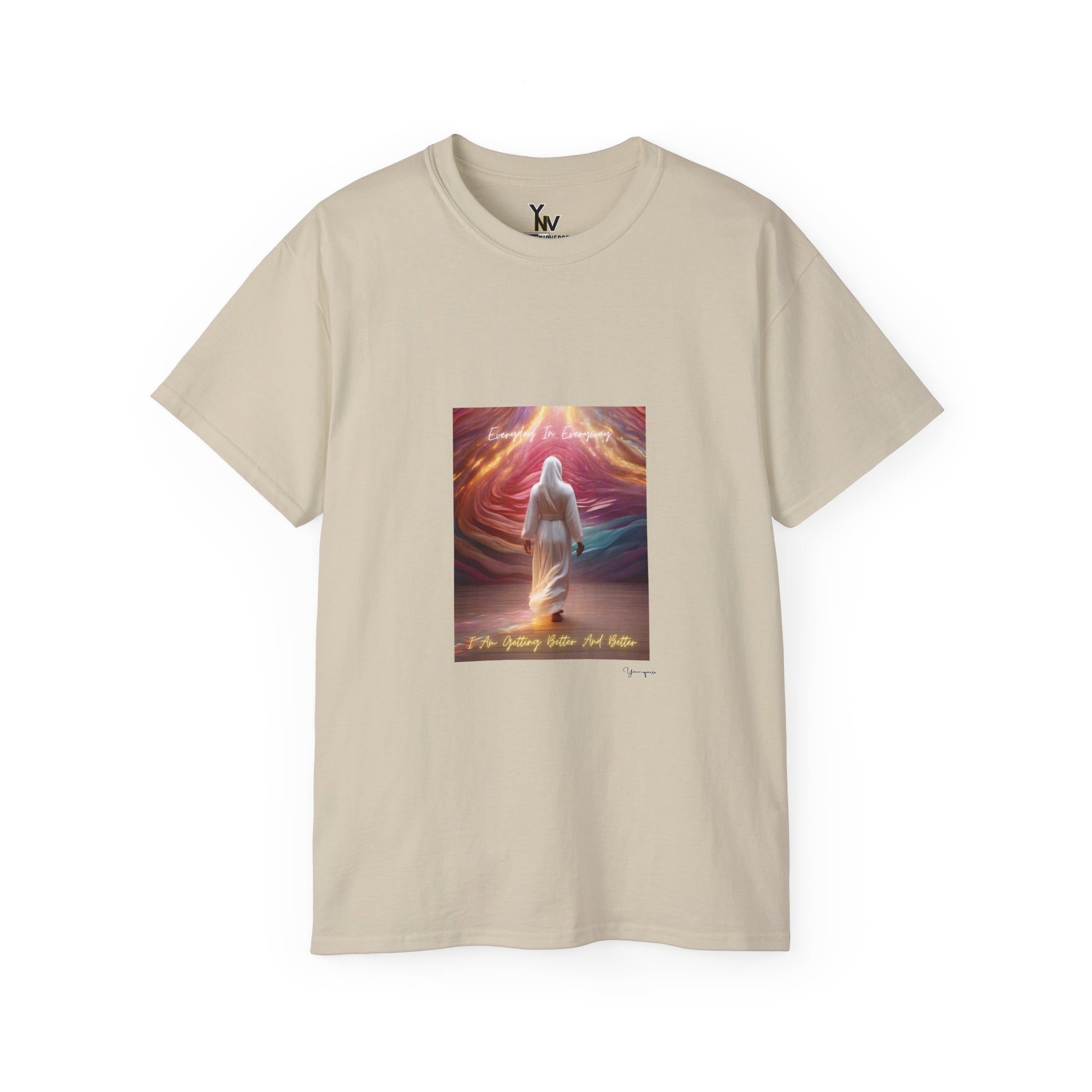 Sand unisex t-shirt with a person in white attire in rainbow aura with positive quote Everyday In Every Way I Am Getting better And Better, Peaceful Rainbow by Youniqverse