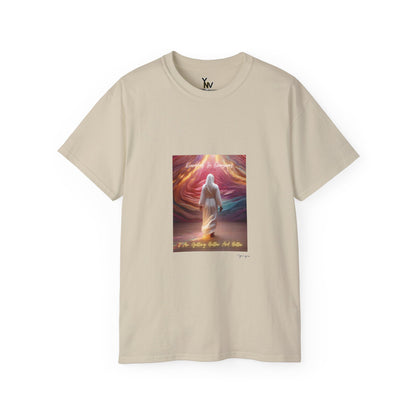 Sand unisex t-shirt with a person in white attire in rainbow aura with positive quote Everyday In Every Way I Am Getting better And Better, Peaceful Rainbow by Youniqverse