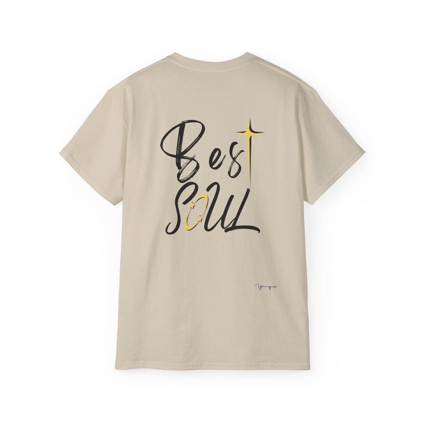 Sand unisex cotton t-shirt with positive sparkling Best Soul on front and back by Youniqverse