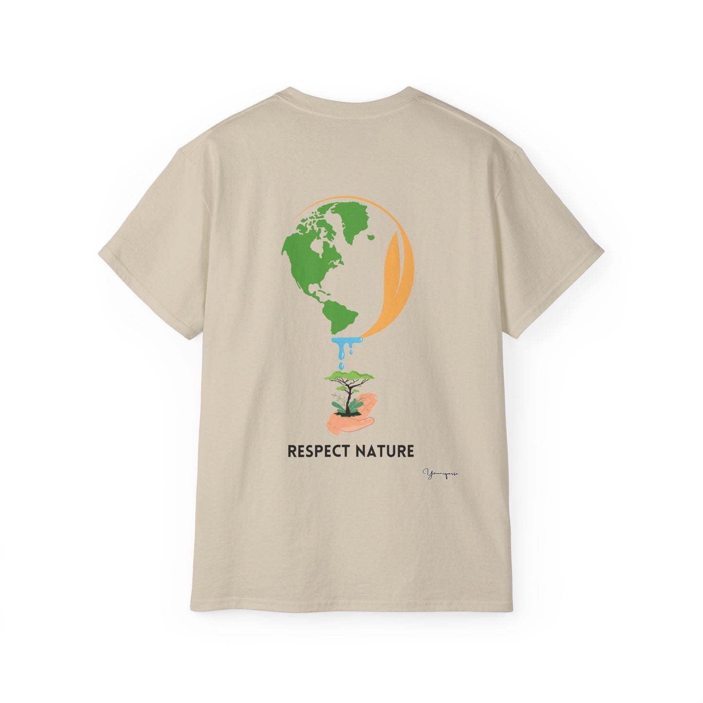 Sand unisex t-shirt with hand holding earth watering a tree Respect Nature on front and back by Youniqverse