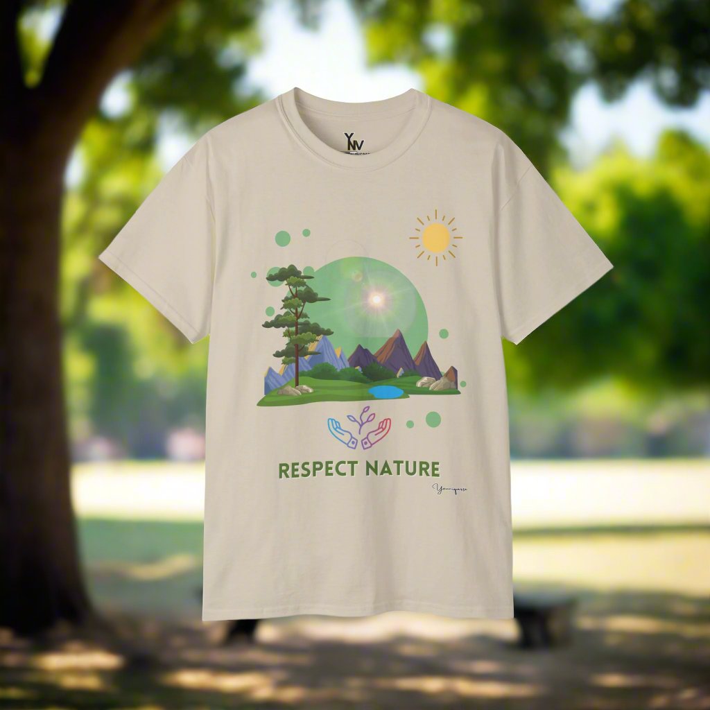 Sand unisex t-shirt with a hands embracing glowing nature under the sun Respect Nature by Youniqverse