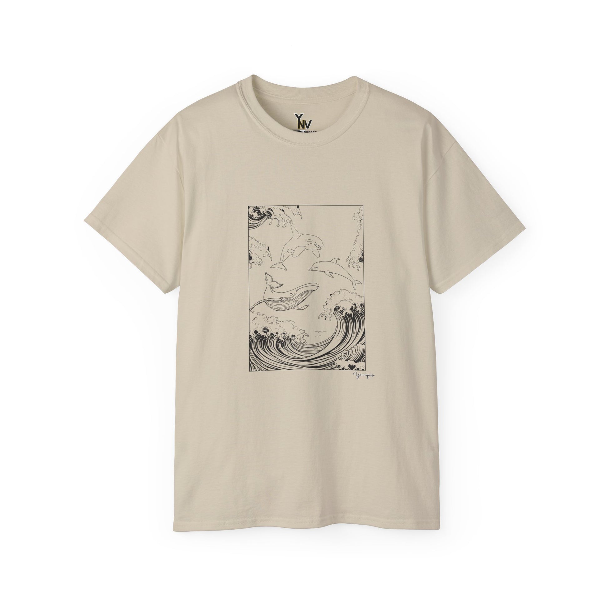 Sand unisex t-shirt with a graphic of a whale, orca, and dolphin leaping from the sea, Ocean Wildlife - Whale Orca Dolphin Tee y Youniqverse