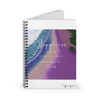 Opening Spiral notebook with purple beach graphic with quote Happiness Is About Follow Your Heart And Do What Makes You Happy by Youniqverse