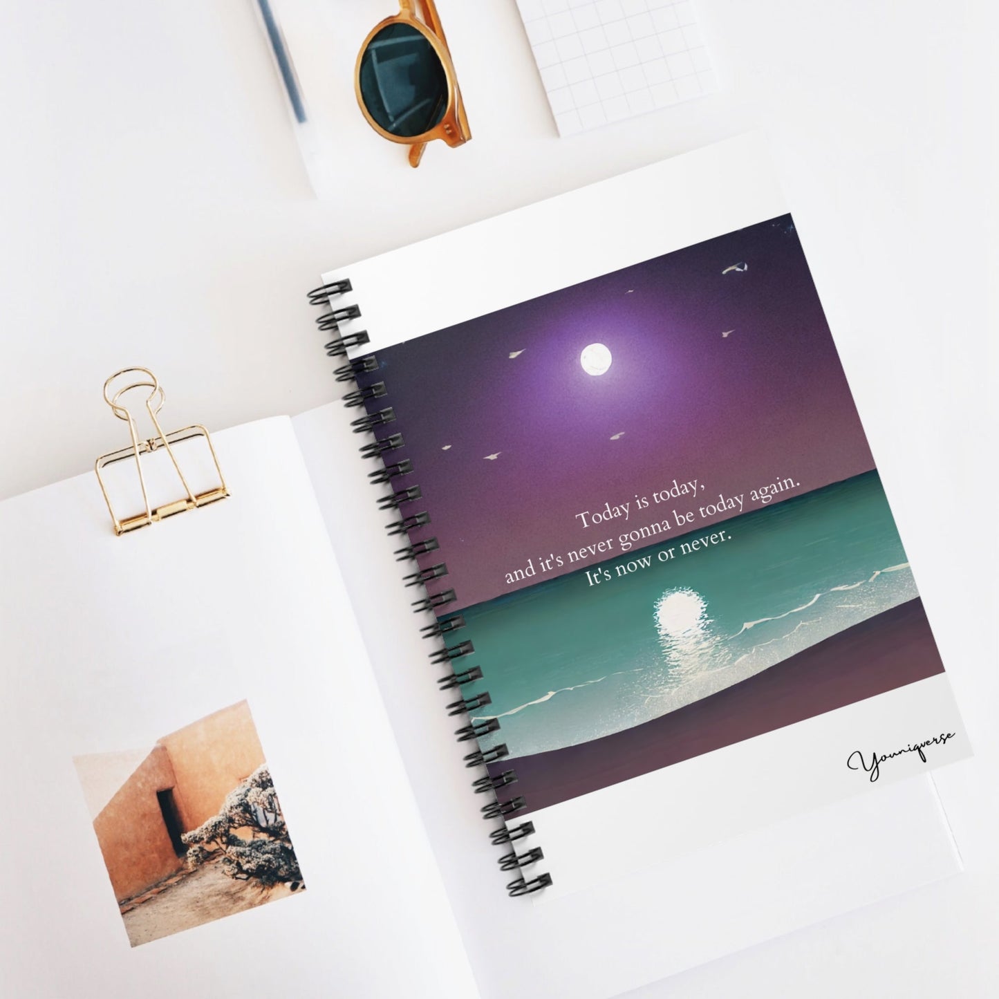 Spiral Notebook with moonlight and beach with quote Today Is Today And It's Never Gonna Be Today Again It's Now Or Never on table 2 by Youniqverse