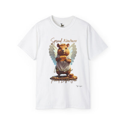 White unisex t-shirt with a cute smiling capybara with angel wings holding a block of peanut butter, Spread Kindness Like You Spread Peanut Butter Jam 3 by Youniqverse