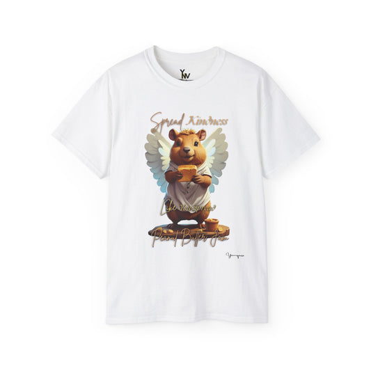 White unisex t-shirt with a cute smiling capybara with angel wings holding a block of peanut butter, Spread Kindness Like You Spread Peanut Butter Jam 3 by Youniqverse