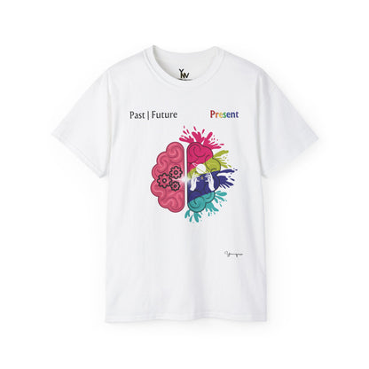 White unisex cotton t-shirt with a graphic of colorful Brain Hemispheres, symbolizing past, future and present by Youniqverse