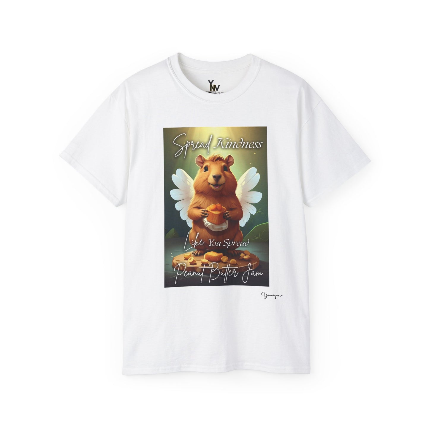 White unisex t-shirt with a cheerful smiling capybara with angel wings holding a block of peanut butter, Spread Kindness Like You Spread Peanut Butter Jam by Youniqverse