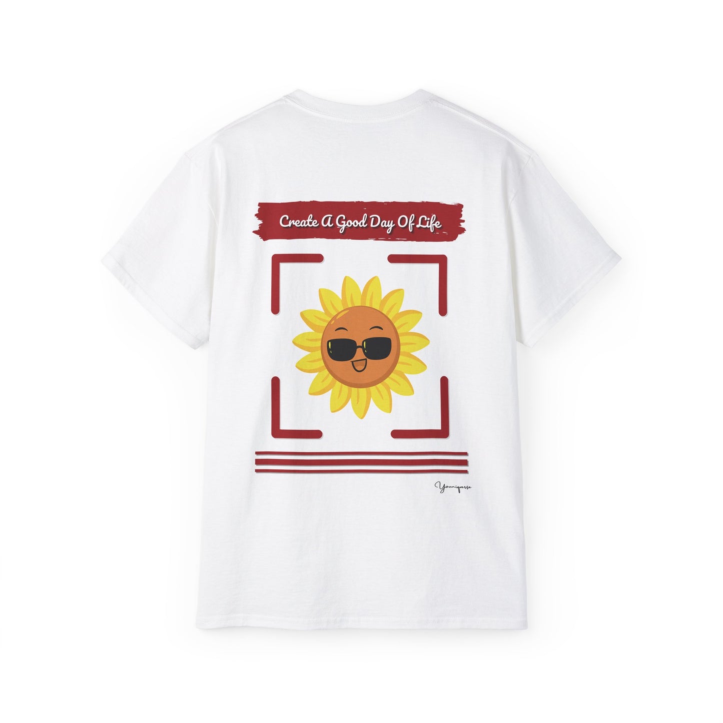 White unisex t-shirt with a smiling sun in sunglasses Create a Good Day Of Life on front and back by Youniqverse