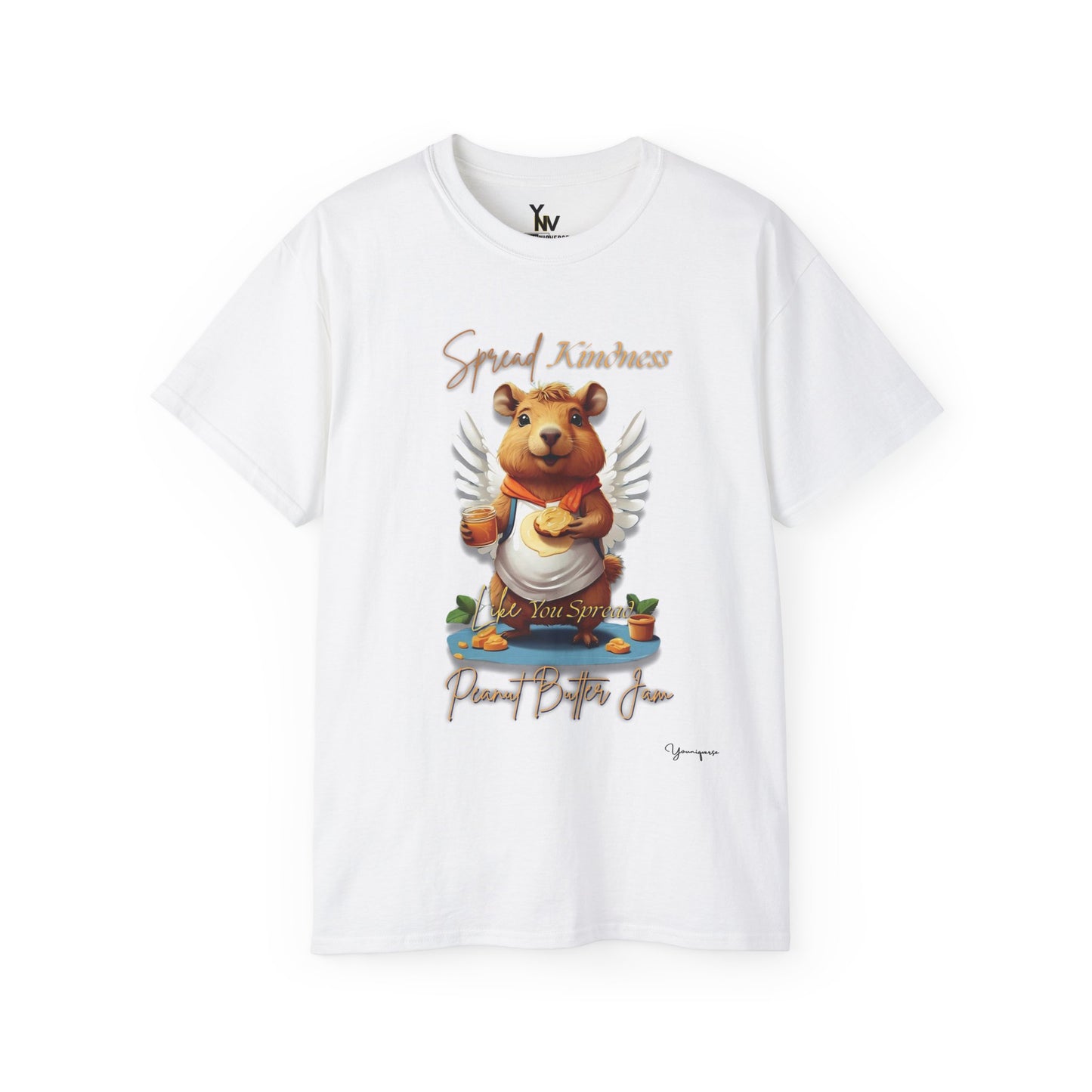 White unisex t-shirt with a cute smiling capybara with angel wings holding a peanut butter jam and toast, Spread Kindness Like You Spread Peanut Butter Jam 2 by Youniqverse