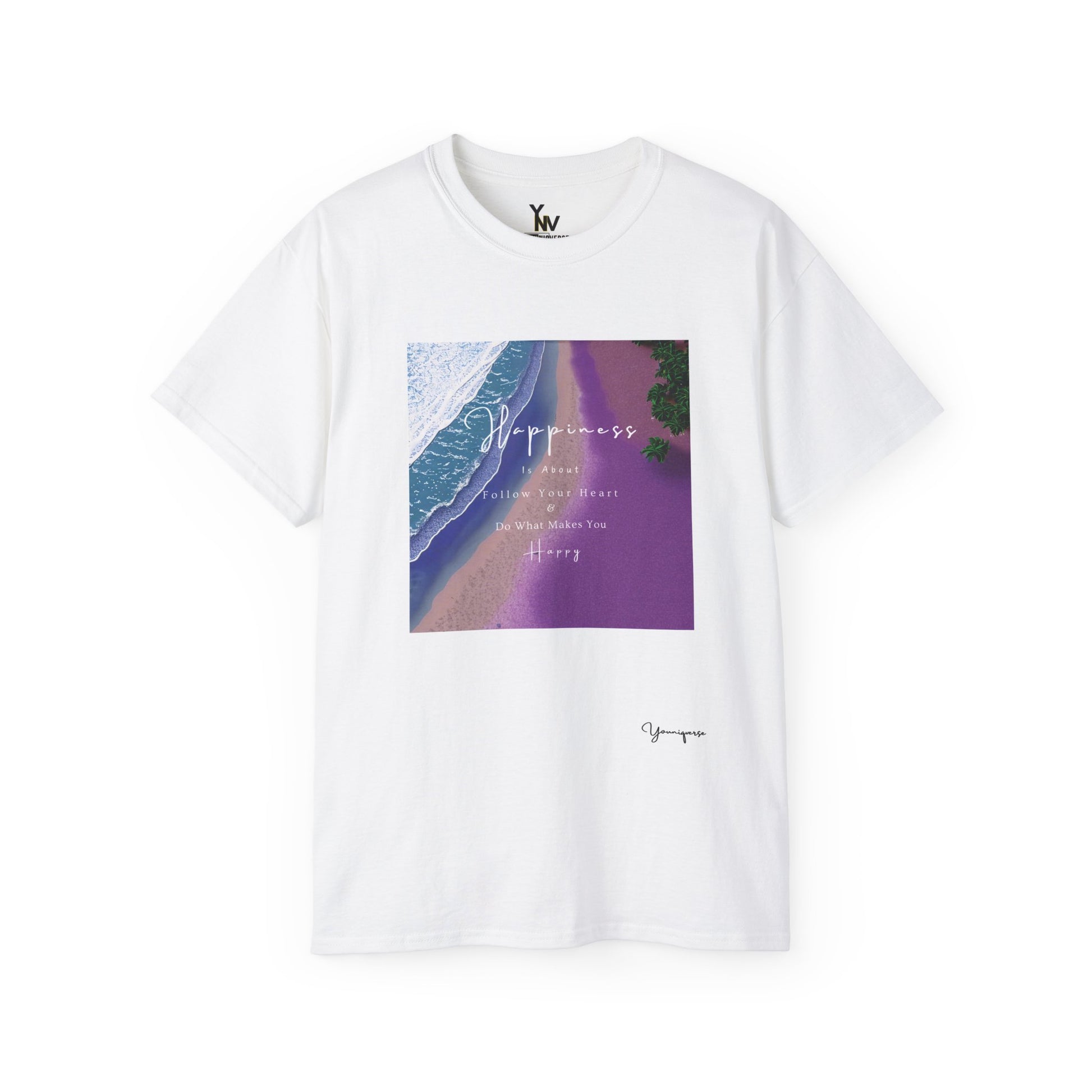 White unisex t-shirt with purple beach graphic Happiness Is About Follow Your Heart and Do What Makes You Happy by Youniqverse