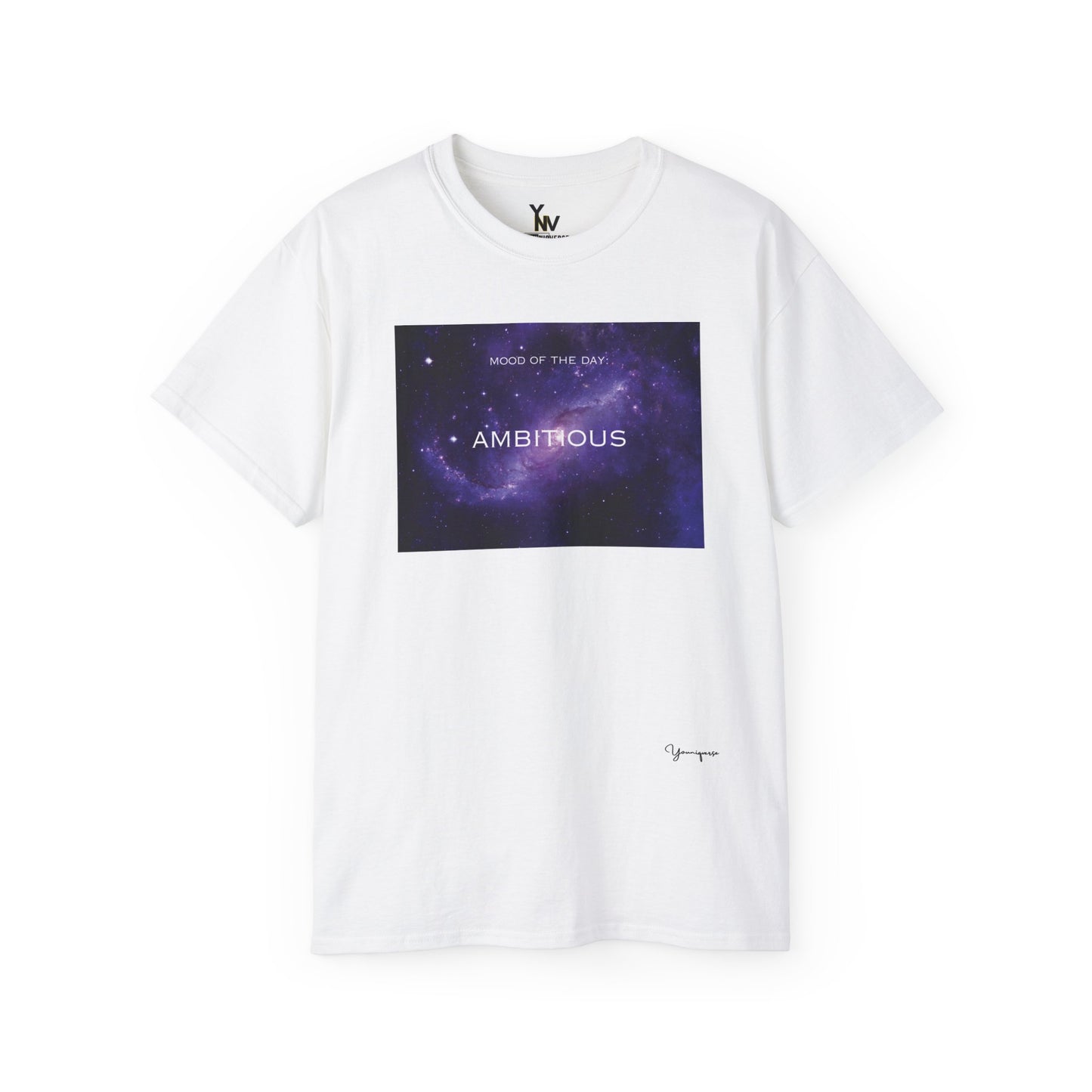 White unisex t-shirt with a purple universe milky way galaxy motivational Mood Of The Day Ambitious by Youniqverse