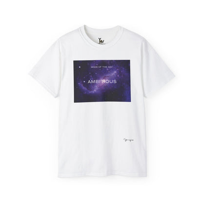 White unisex t-shirt with a purple universe milky way galaxy motivational Mood Of The Day Ambitious by Youniqverse