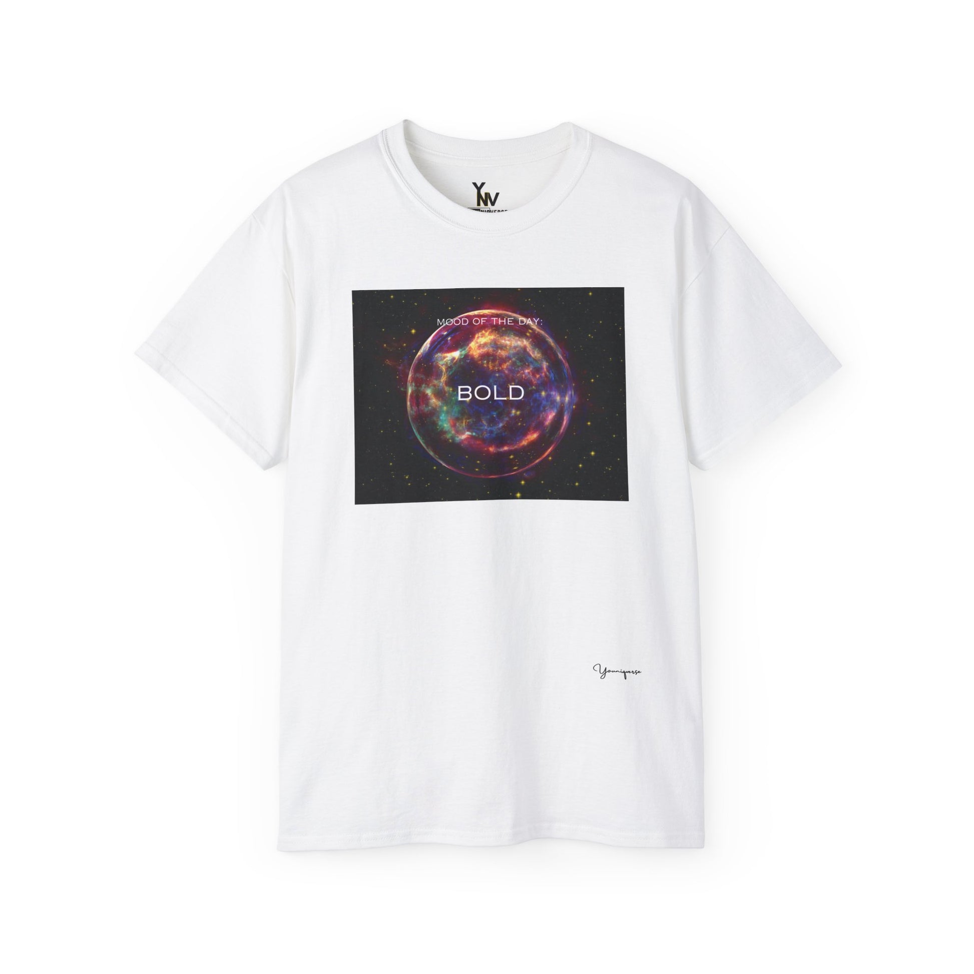 White unisex t-shirt with a red sphere-shaped cosmos graphic motivational Mood Of The Day Bold by Youniqverse